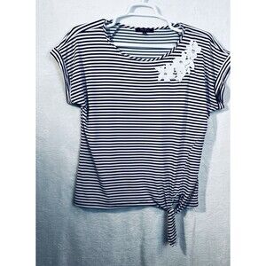 Atelier 29 Womens Shirt Size Large Blue Stripe Embroidered Nautical Sailor Chic‎